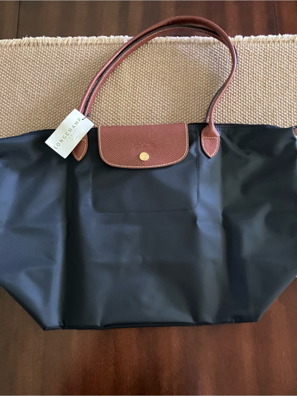 Longchamp Black Tote with Brown Leather Trim and Handles